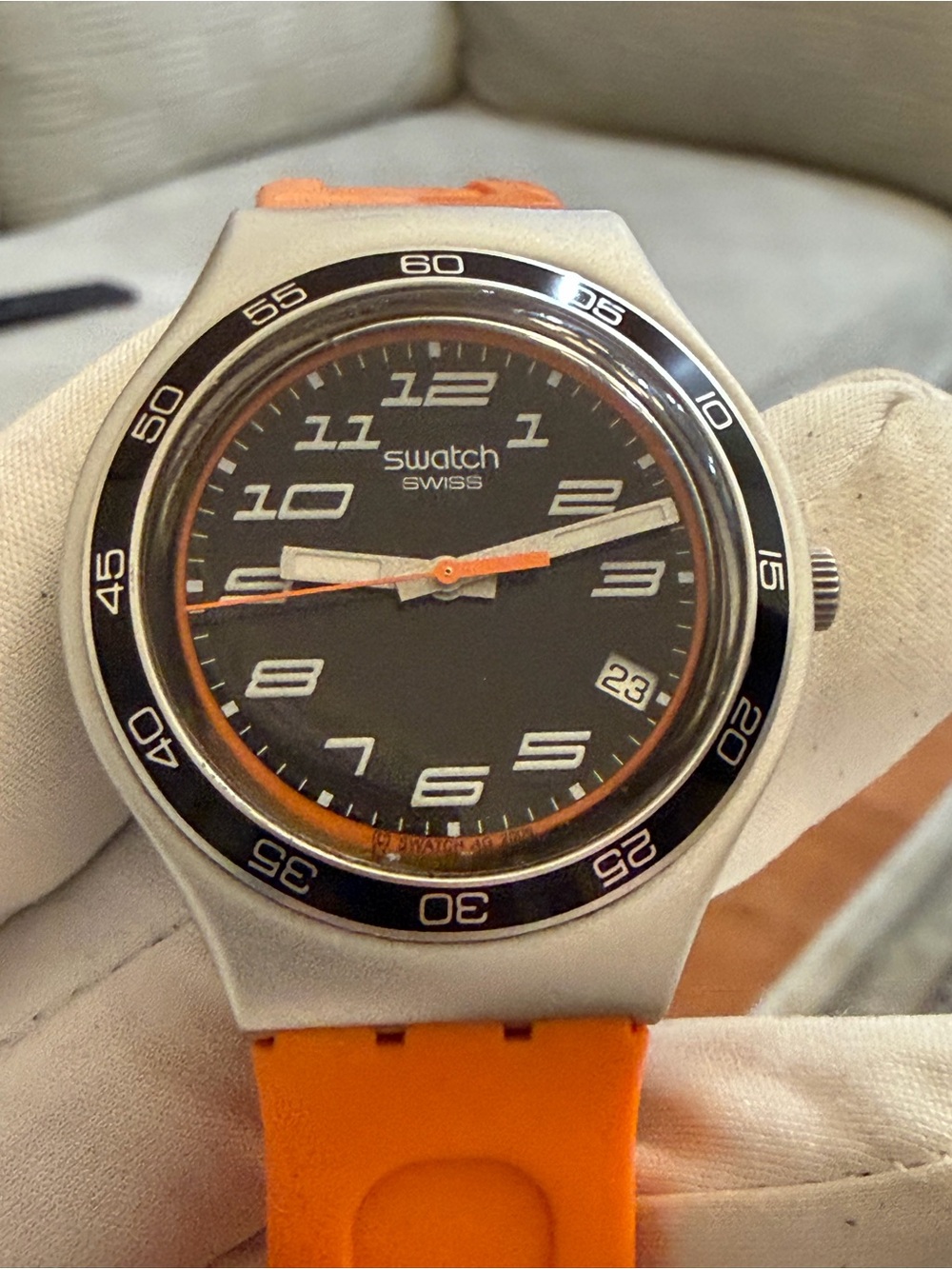 Swatch Irony Big "Jungle Joy" YGS4029 Aluminum Swiss Watch Orange Strap Ladies